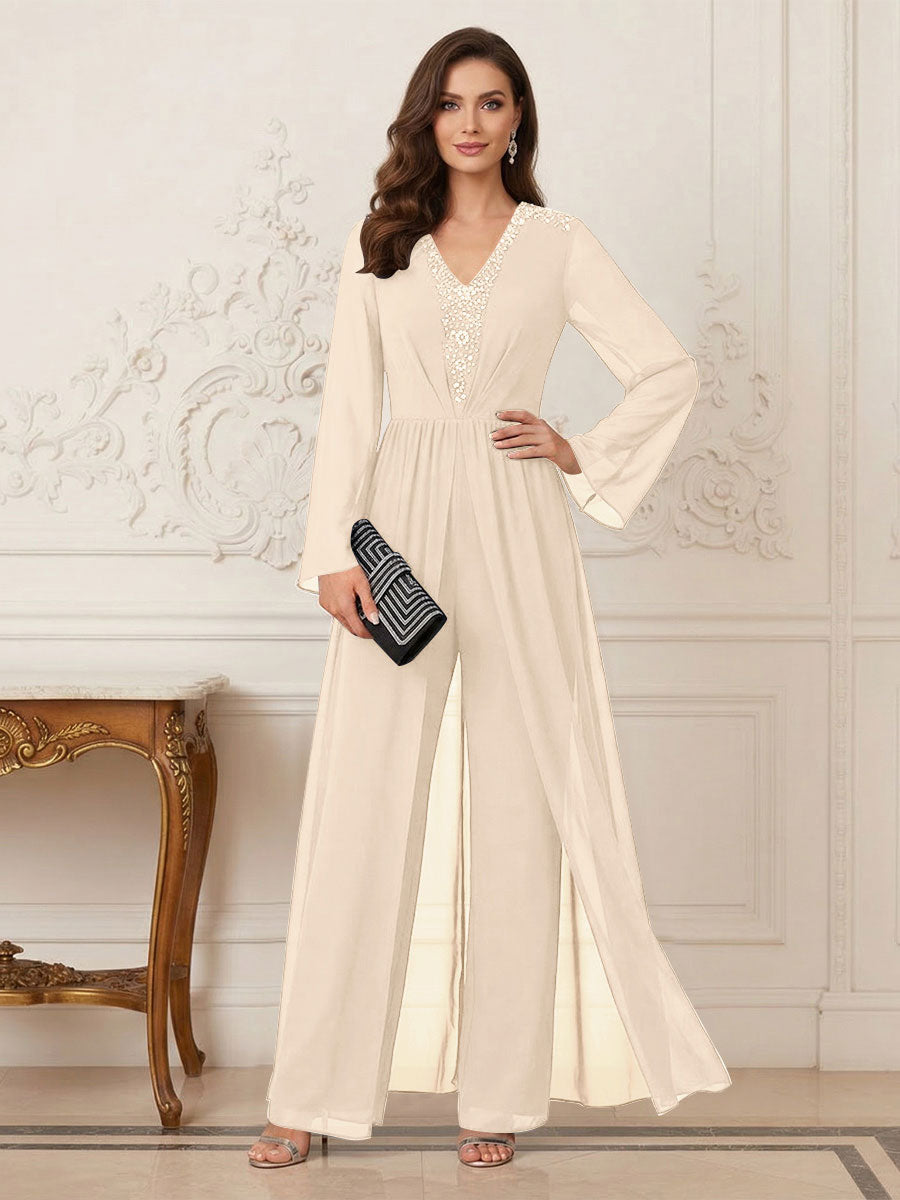 Jumpsuits V Neck Long Sleeves Floor Length Mother of the Bride Dresses with Beading