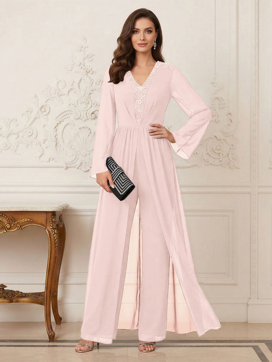 Jumpsuits V Neck Long Sleeves Floor Length Mother of the Bride Dresses with Beading