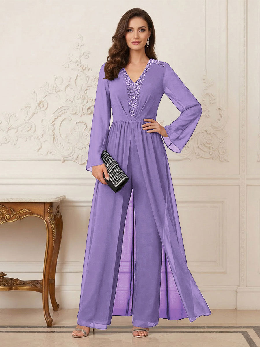 Jumpsuits V Neck Long Sleeves Floor Length Mother of the Bride Dresses with Beading