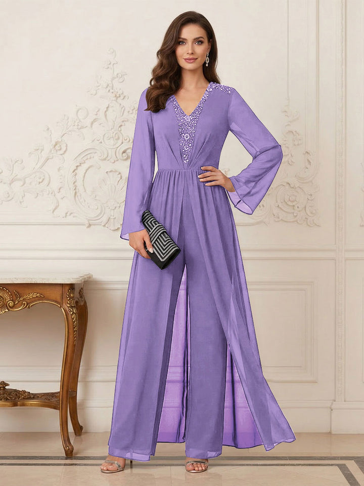 Jumpsuits V Neck Long Sleeves Floor Length Mother of the Bride Dresses with Beading