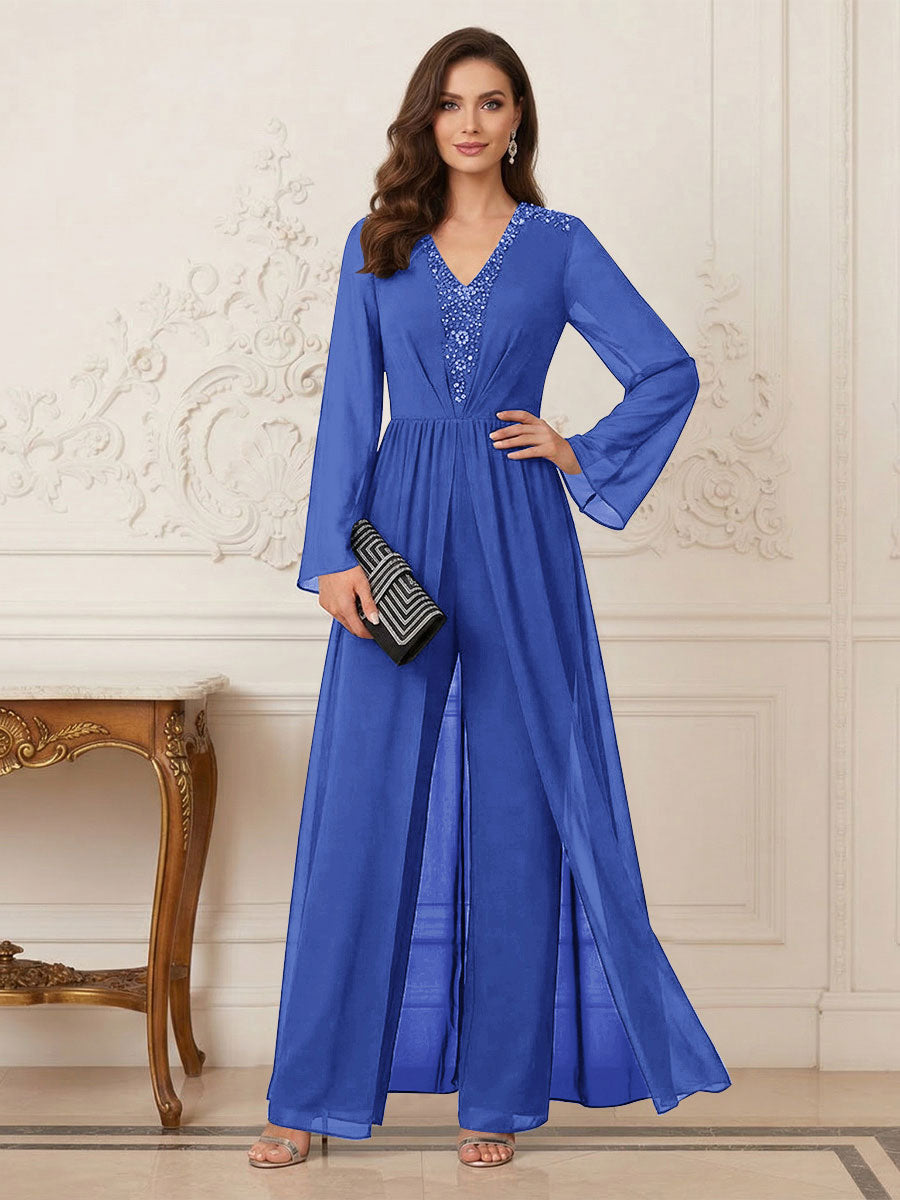 Jumpsuits V Neck Long Sleeves Floor Length Mother of the Bride Dresses with Beading