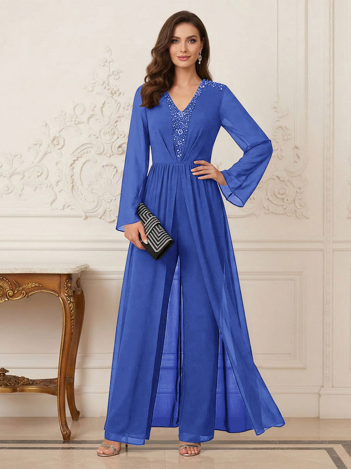 Jumpsuits V Neck Long Sleeves Floor Length Mother of the Bride Dresses with Beading