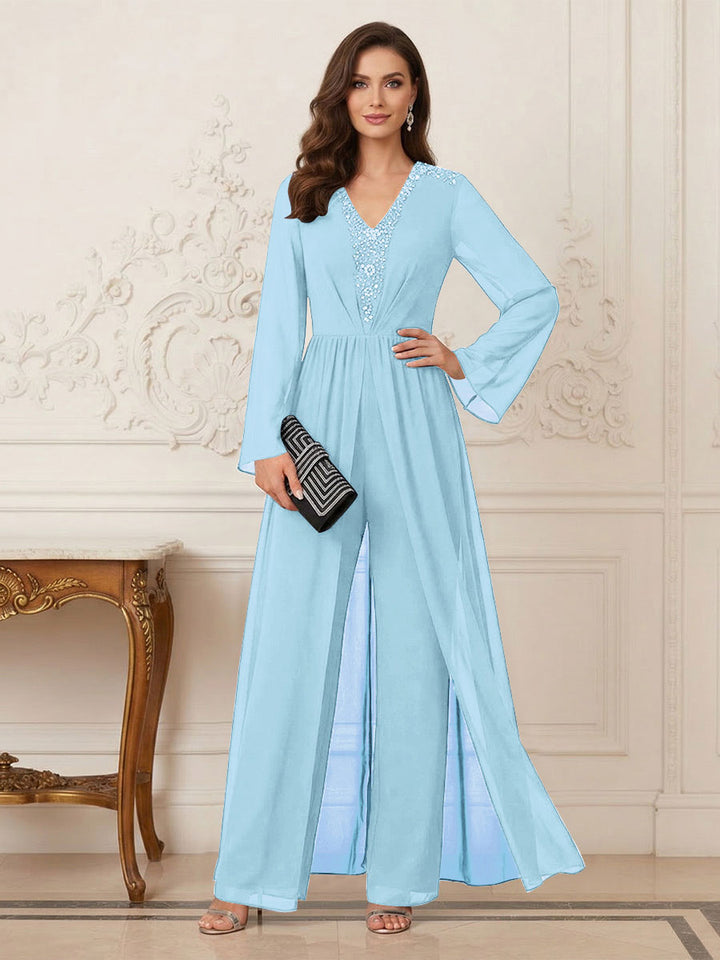 Jumpsuits V Neck Long Sleeves Floor Length Mother of the Bride Dresses with Beading
