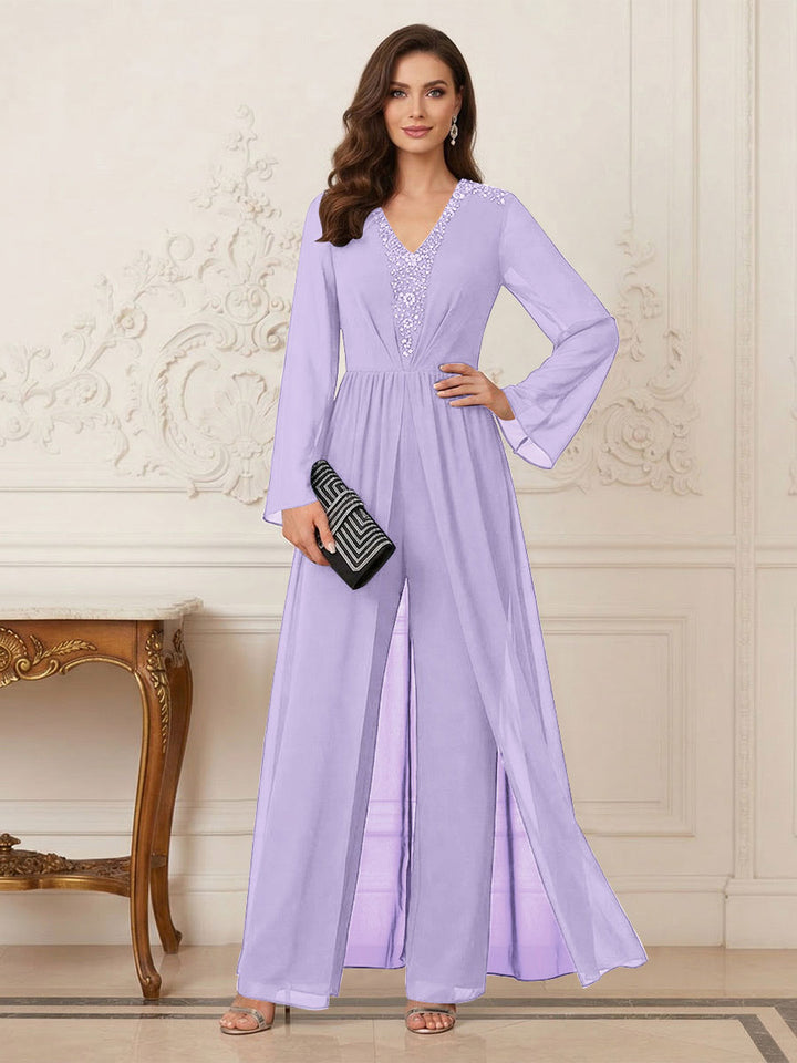 Jumpsuits V Neck Long Sleeves Floor Length Mother of the Bride Dresses with Beading