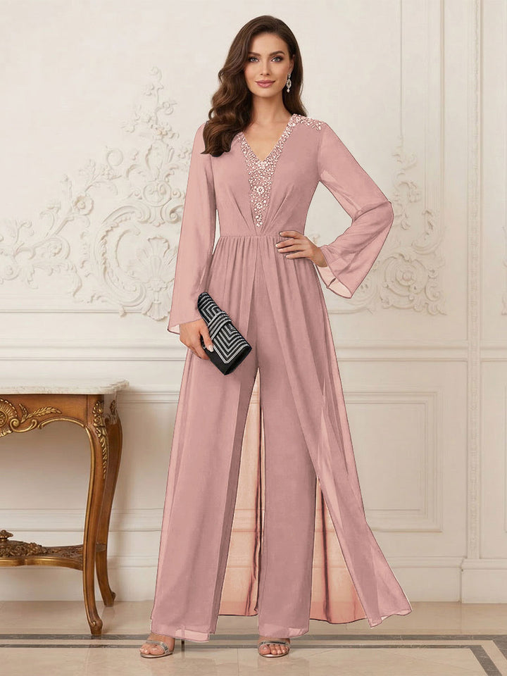 Jumpsuits V Neck Long Sleeves Floor Length Mother of the Bride Dresses with Beading