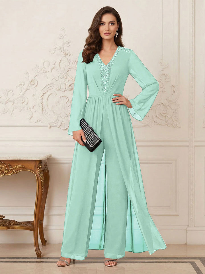 Jumpsuits V Neck Long Sleeves Floor Length Mother of the Bride Dresses with Beading