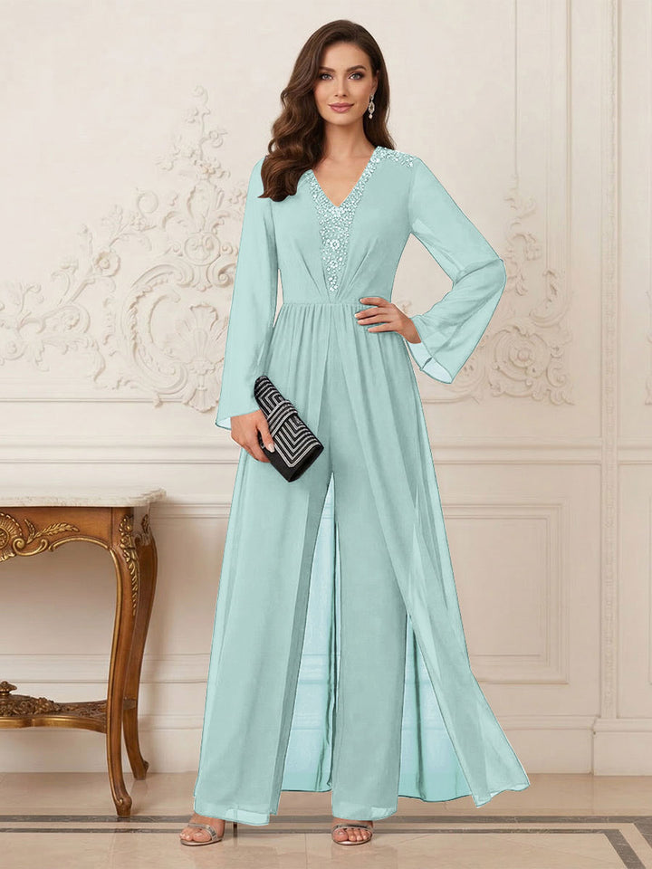 Jumpsuits V Neck Long Sleeves Floor Length Mother of the Bride Dresses with Beading