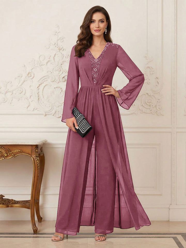 Jumpsuits V Neck Long Sleeves Floor Length Mother of the Bride Dresses with Beading