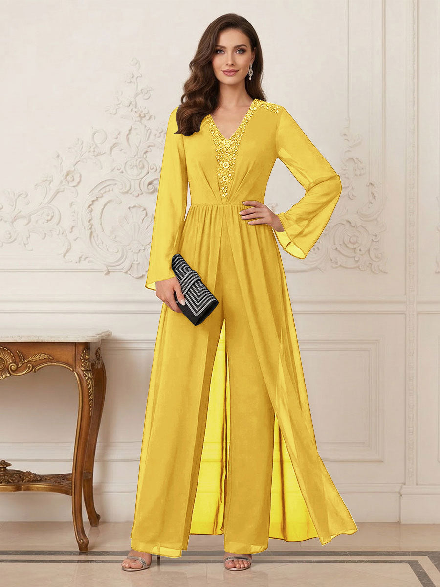 Jumpsuits V Neck Long Sleeves Floor Length Mother of the Bride Dresses with Beading