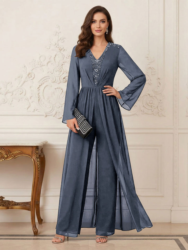 Jumpsuits V Neck Long Sleeves Floor Length Mother of the Bride Dresses with Beading