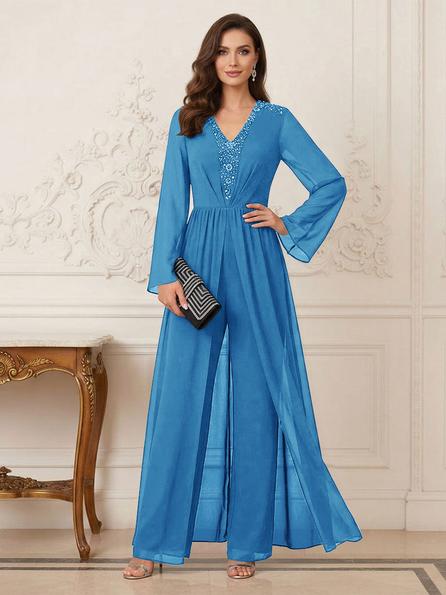 Jumpsuits V Neck Long Sleeves Floor Length Mother of the Bride Dresses with Beading