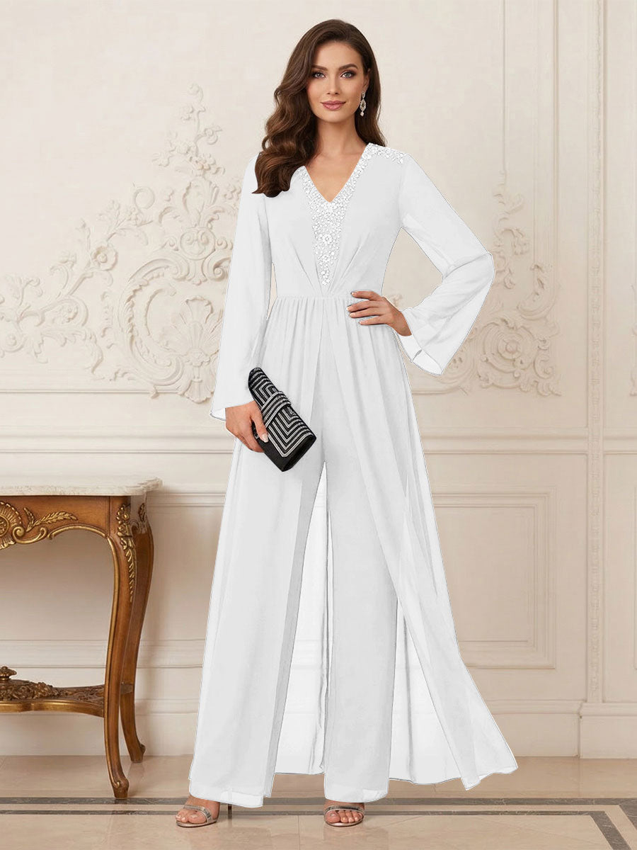 Jumpsuits V Neck Long Sleeves Floor Length Mother of the Bride Dresses with Beading