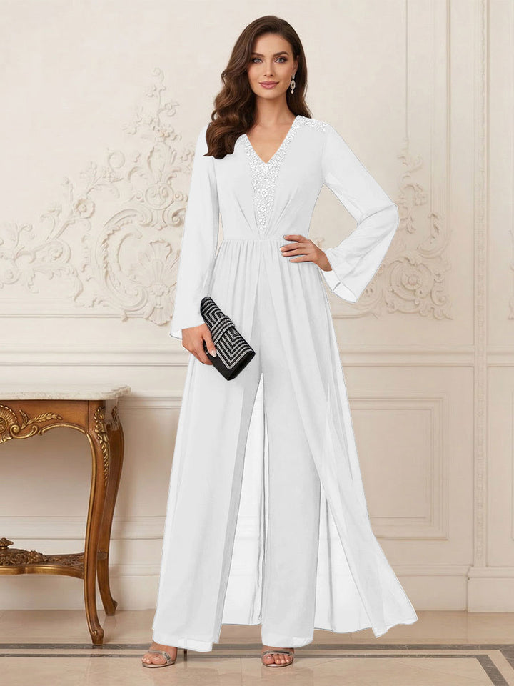 Jumpsuits V Neck Long Sleeves Floor Length Mother of the Bride Dresses with Beading