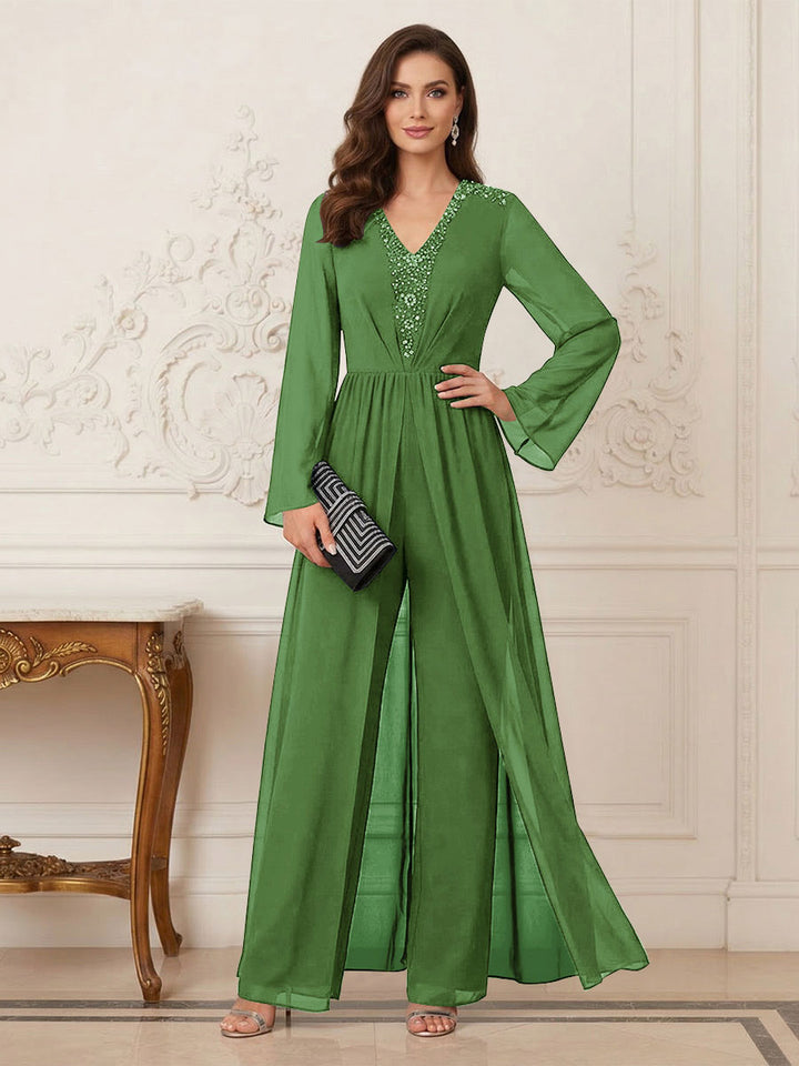 Jumpsuits V Neck Long Sleeves Floor Length Mother of the Bride Dresses with Beading