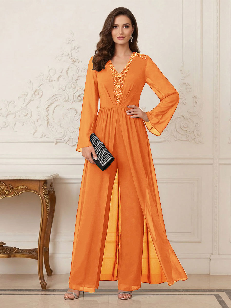 Jumpsuits V Neck Long Sleeves Floor Length Mother of the Bride Dresses with Beading