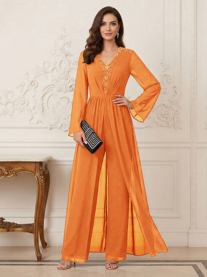 Jumpsuits V Neck Long Sleeves Floor Length Mother of the Bride Dresses with Beading