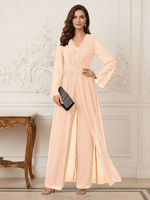 Jumpsuits V Neck Long Sleeves Floor Length Mother of the Bride Dresses with Beading