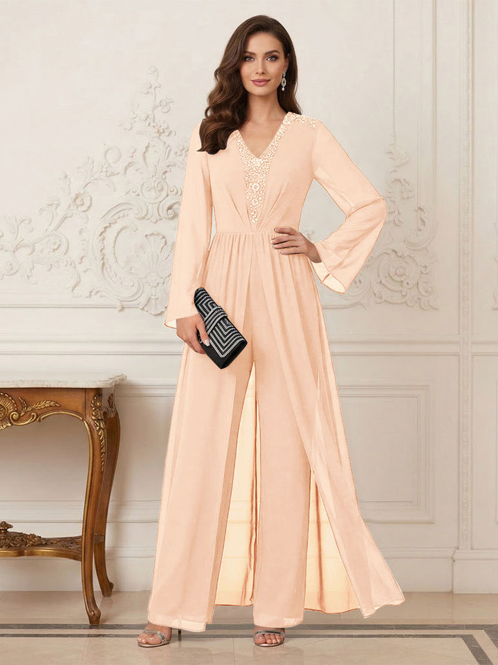 Jumpsuits V Neck Long Sleeves Floor Length Mother of the Bride Dresses with Beading