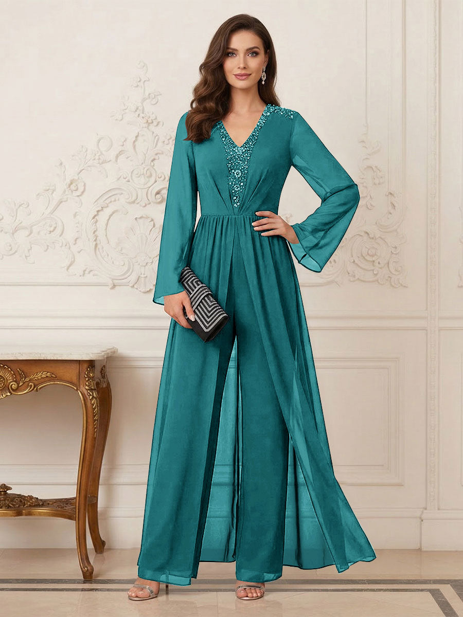 Jumpsuits V Neck Long Sleeves Floor Length Mother of the Bride Dresses with Beading