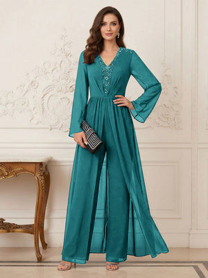 Jumpsuits V Neck Long Sleeves Floor Length Mother of the Bride Dresses with Beading