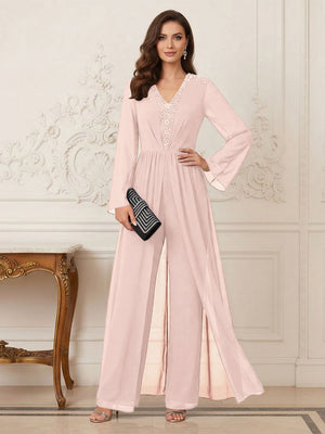 Jumpsuits V Neck Long Sleeves Floor Length Mother of the Bride Dresses with Beading