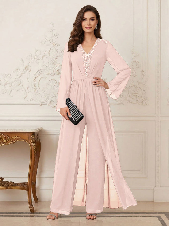 Jumpsuits V Neck Long Sleeves Floor Length Mother of the Bride Dresses with Beading