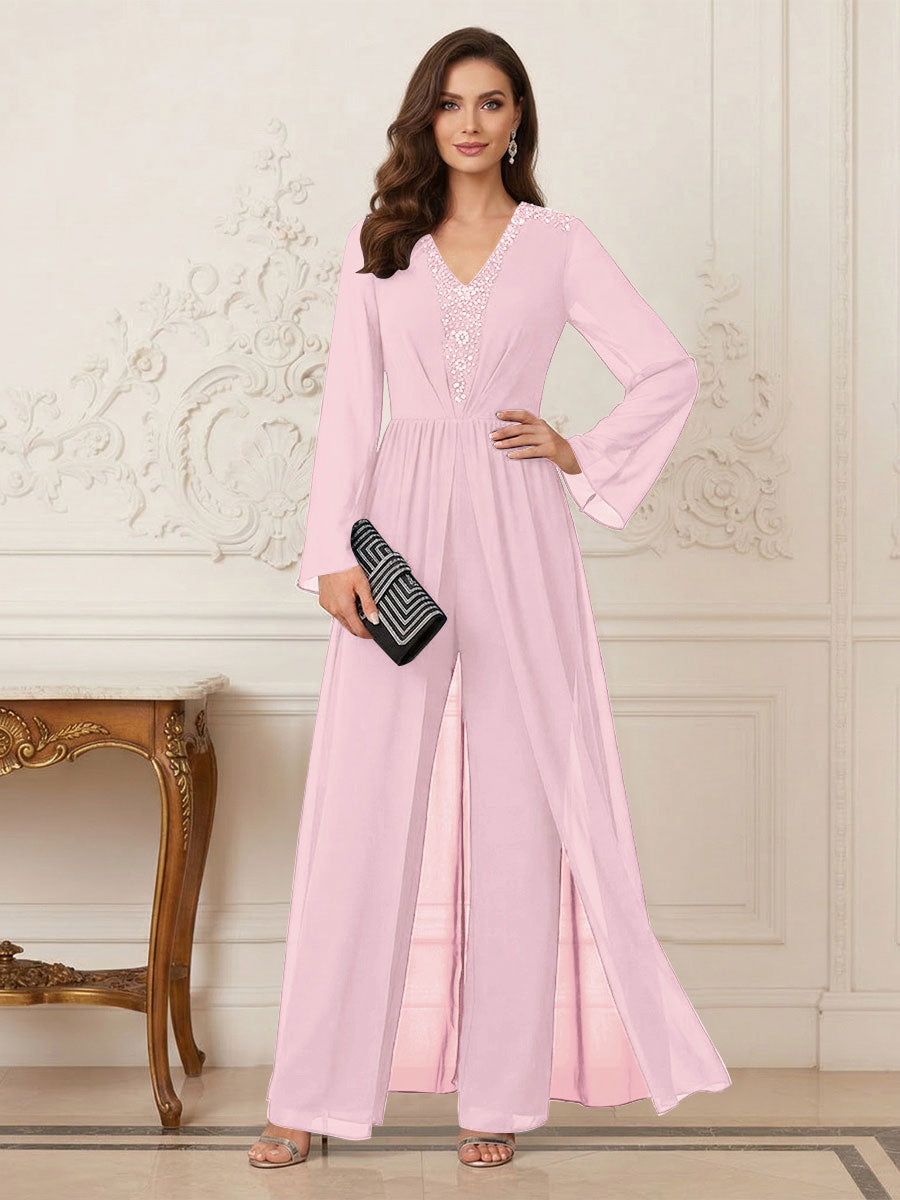 Jumpsuits V Neck Long Sleeves Floor Length Mother of the Bride Dresses with Beading