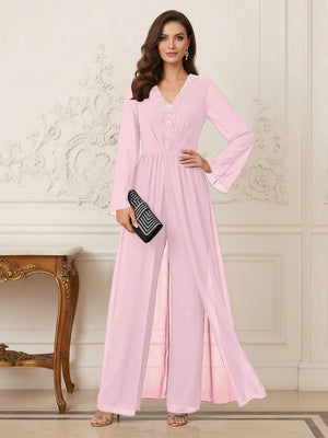 Jumpsuits V Neck Long Sleeves Floor Length Mother of the Bride Dresses with Beading