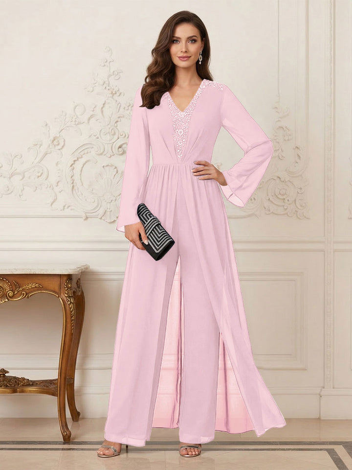 Jumpsuits V Neck Long Sleeves Floor Length Mother of the Bride Dresses with Beading