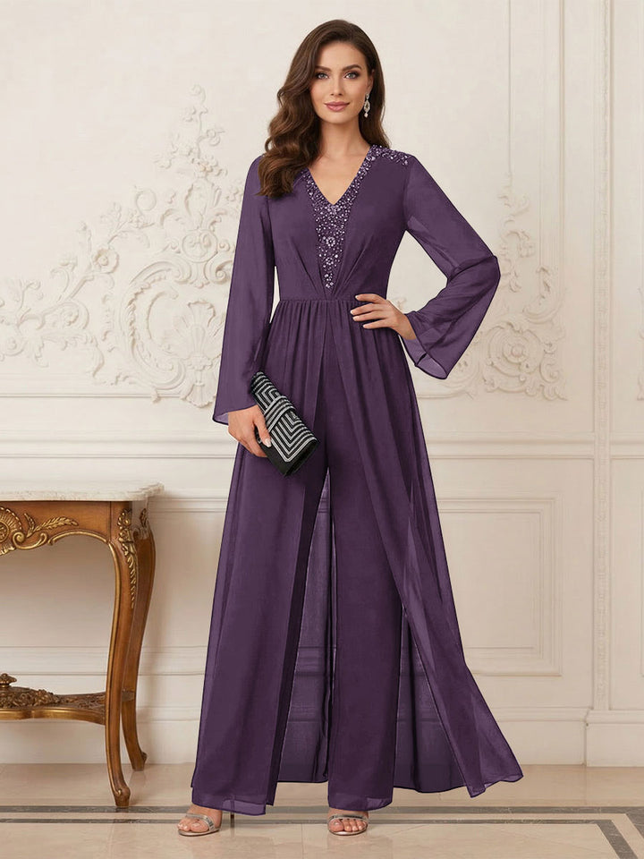 Jumpsuits V Neck Long Sleeves Floor Length Mother of the Bride Dresses with Beading
