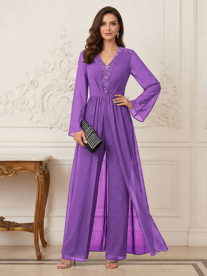 Jumpsuits V Neck Long Sleeves Floor Length Mother of the Bride Dresses with Beading