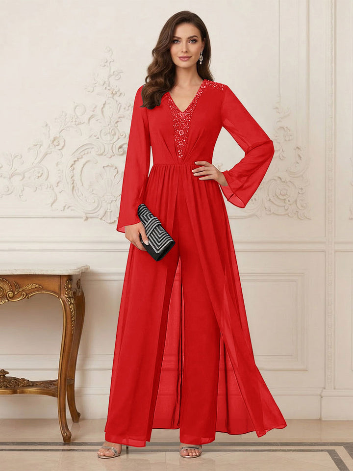 Jumpsuits V Neck Long Sleeves Floor Length Mother of the Bride Dresses with Beading
