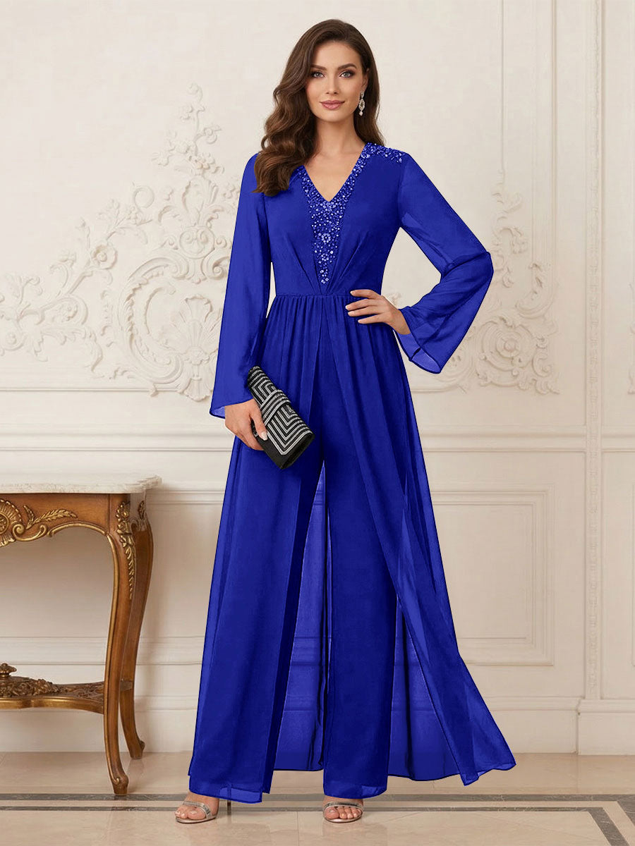 Jumpsuits V Neck Long Sleeves Floor Length Mother of the Bride Dresses with Beading