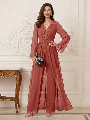 Jumpsuits V Neck Long Sleeves Floor Length Mother of the Bride Dresses with Beading