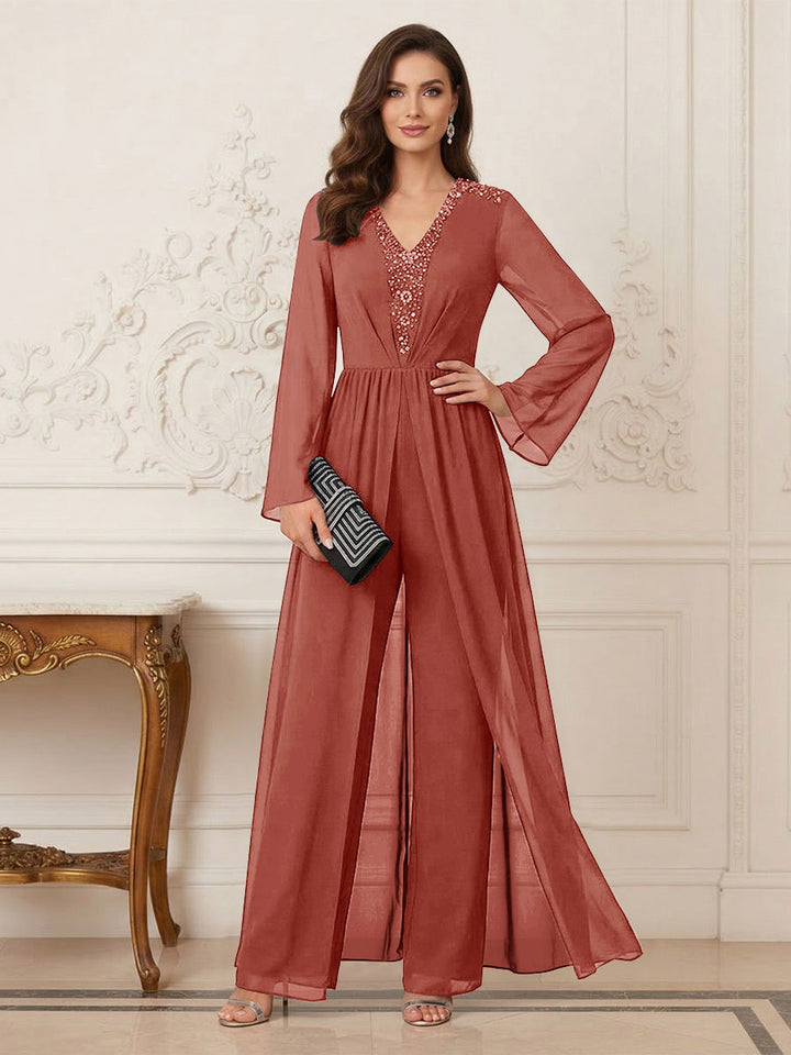 Jumpsuits V Neck Long Sleeves Floor Length Mother of the Bride Dresses with Beading