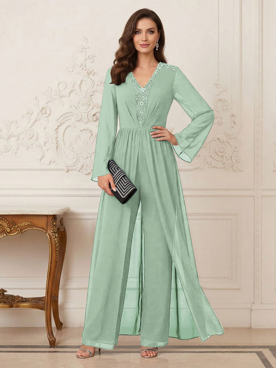 Jumpsuits V Neck Long Sleeves Floor Length Mother of the Bride Dresses with Beading