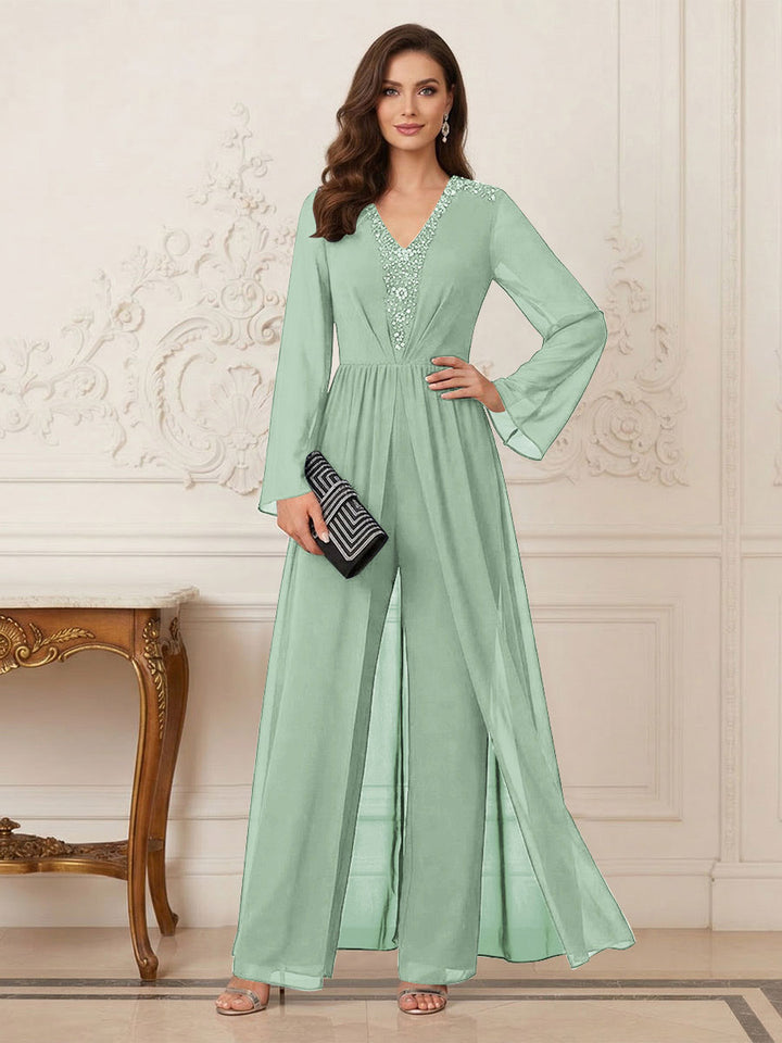 Jumpsuits V Neck Long Sleeves Floor Length Mother of the Bride Dresses with Beading