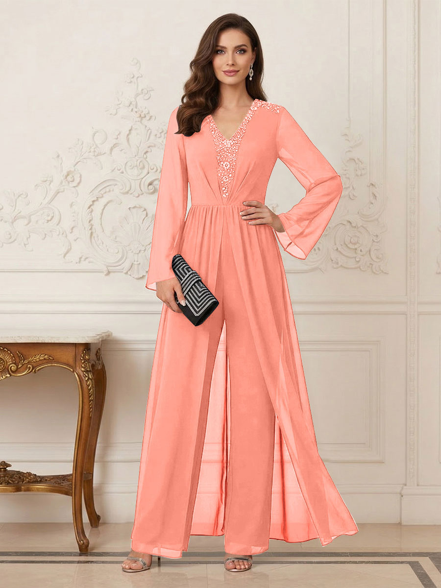 Jumpsuits V Neck Long Sleeves Floor Length Mother of the Bride Dresses with Beading