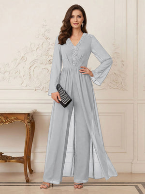Jumpsuits V Neck Long Sleeves Floor Length Mother of the Bride Dresses with Beading