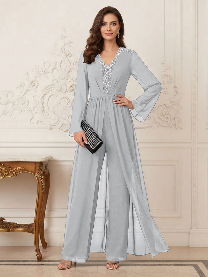 Jumpsuits V Neck Long Sleeves Floor Length Mother of the Bride Dresses with Beading