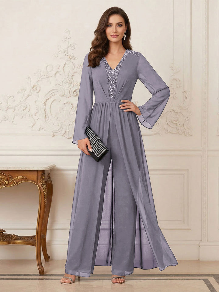 Jumpsuits V Neck Long Sleeves Floor Length Mother of the Bride Dresses with Beading