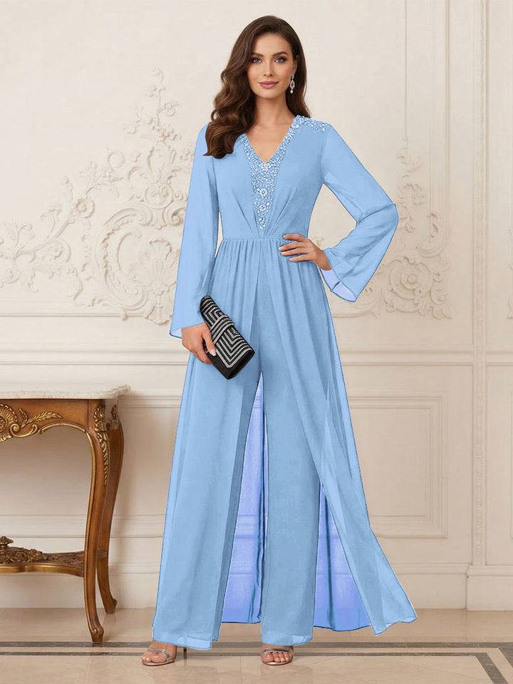 Jumpsuits V Neck Long Sleeves Floor Length Mother of the Bride Dresses with Beading