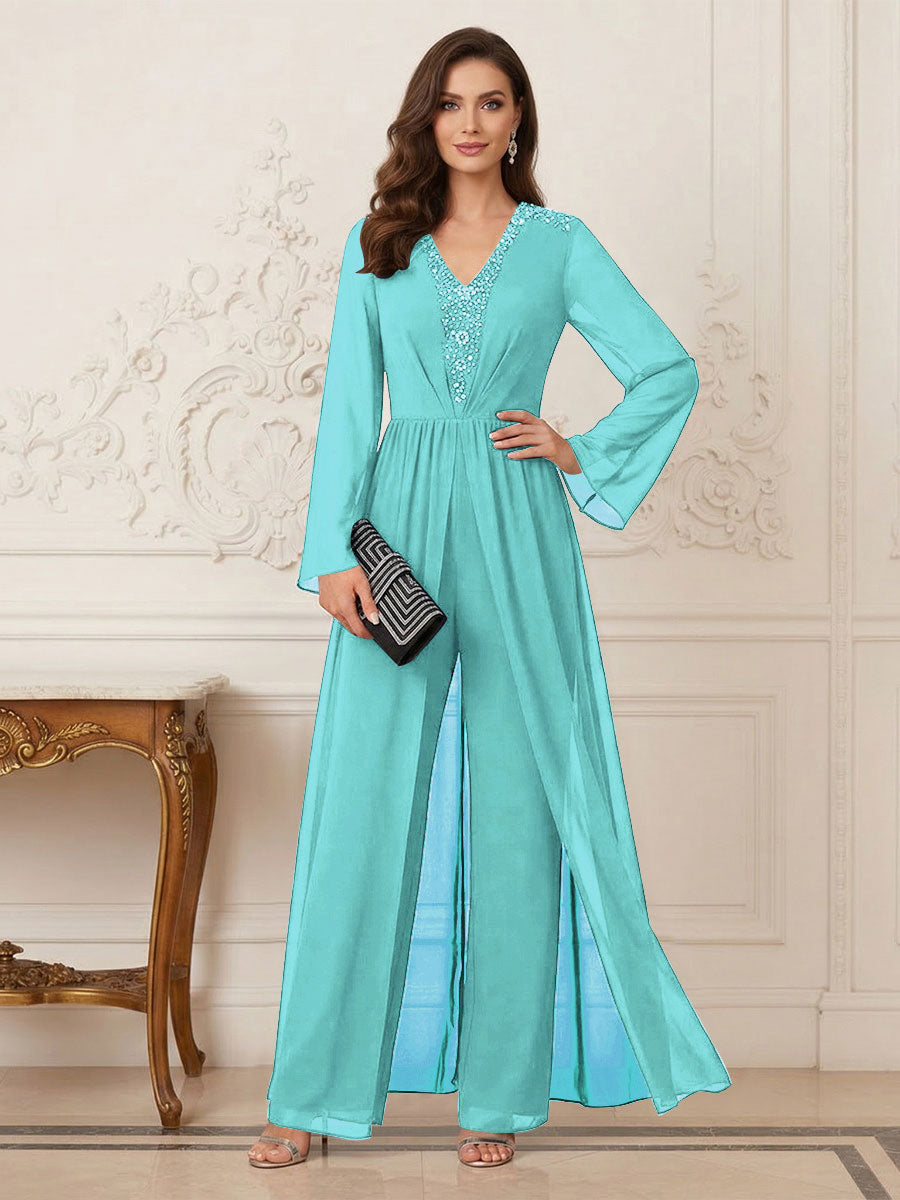 Jumpsuits V Neck Long Sleeves Floor Length Mother of the Bride Dresses with Beading