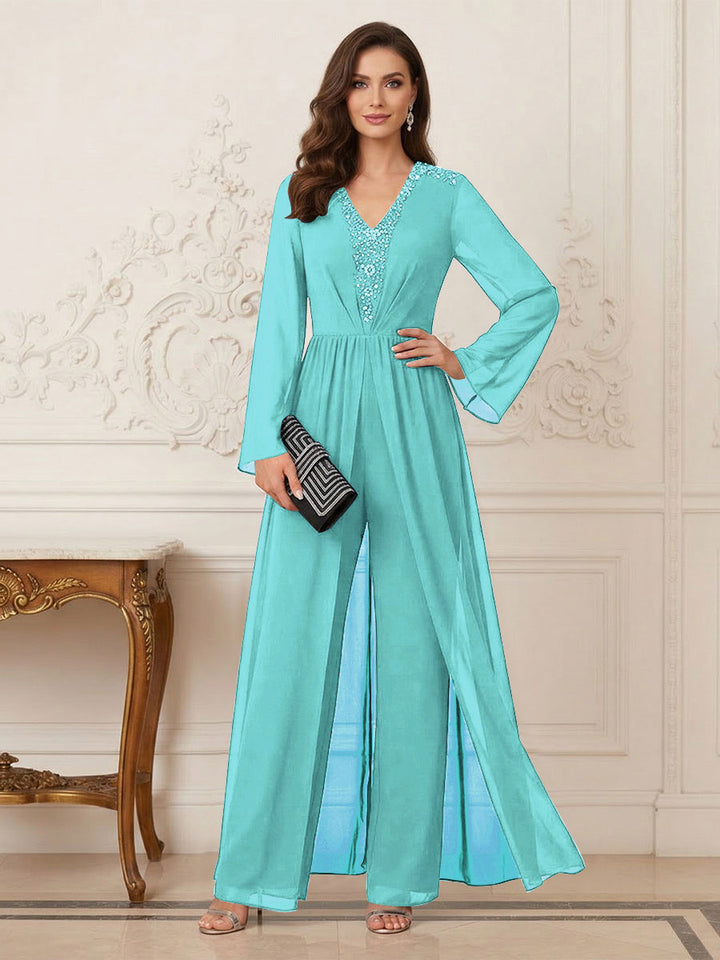Jumpsuits V Neck Long Sleeves Floor Length Mother of the Bride Dresses with Beading