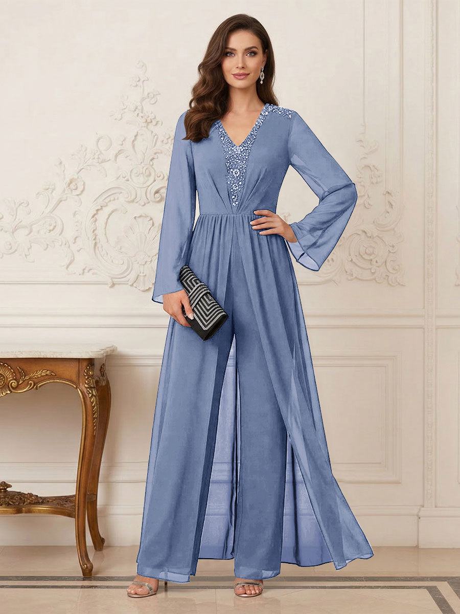 Jumpsuits V Neck Long Sleeves Floor Length Mother of the Bride Dresses with Beading