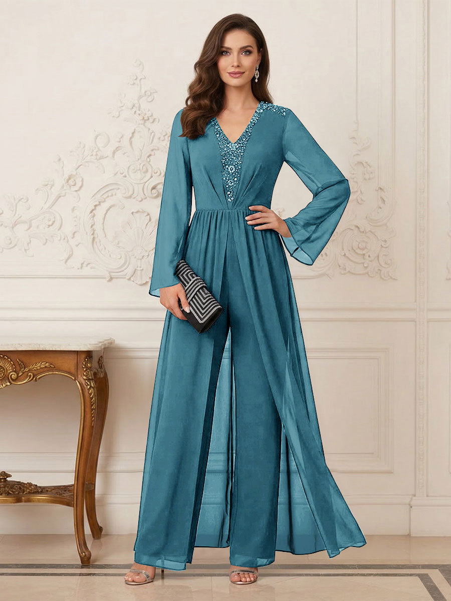 Jumpsuits V Neck Long Sleeves Floor Length Mother of the Bride Dresses with Beading