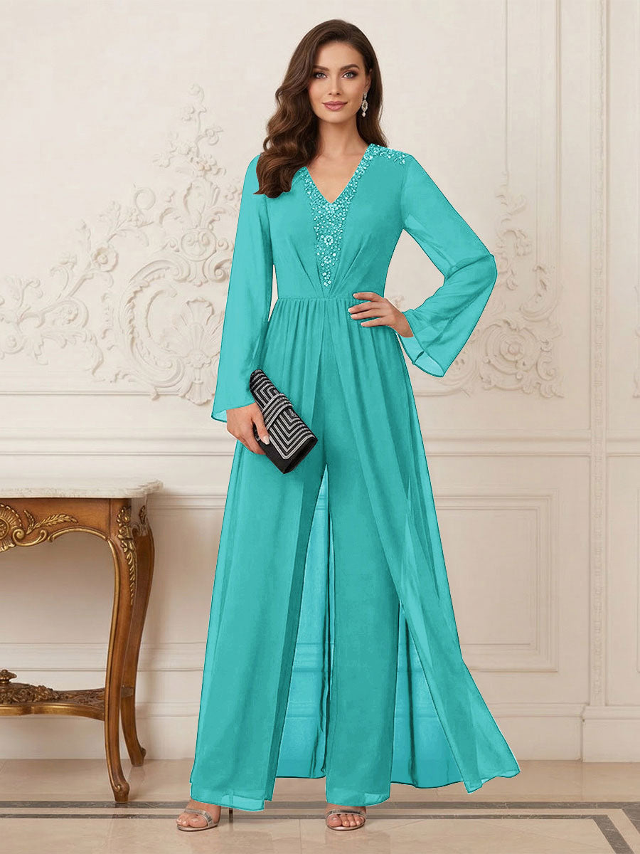 Jumpsuits V Neck Long Sleeves Floor Length Mother of the Bride Dresses with Beading