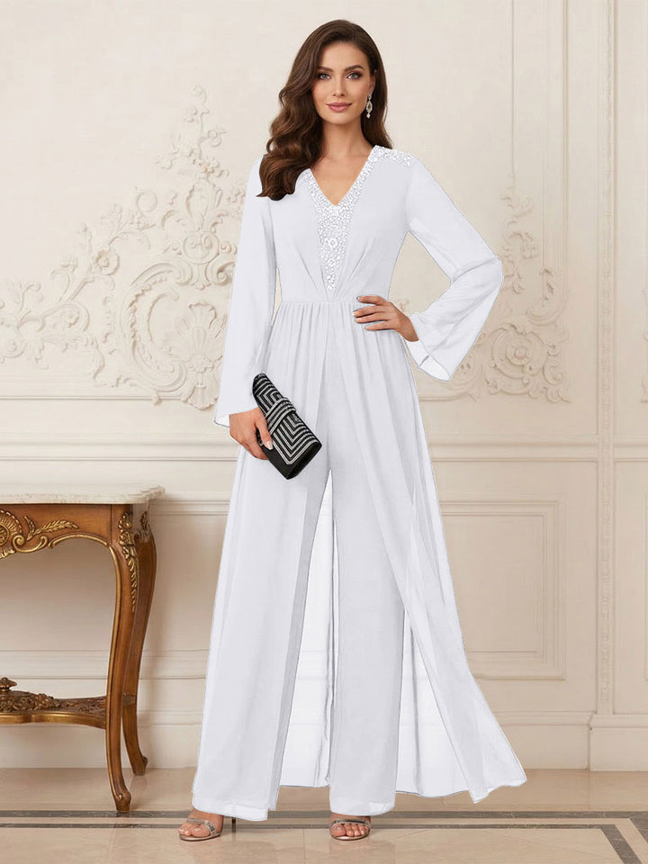 Jumpsuits V Neck Long Sleeves Floor Length Mother of the Bride Dresses with Beading