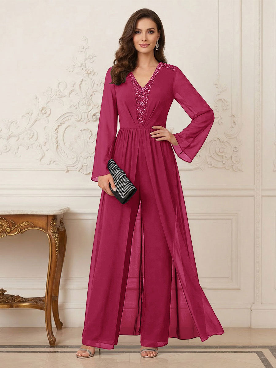 Jumpsuits V Neck Long Sleeves Floor Length Mother of the Bride Dresses with Beading