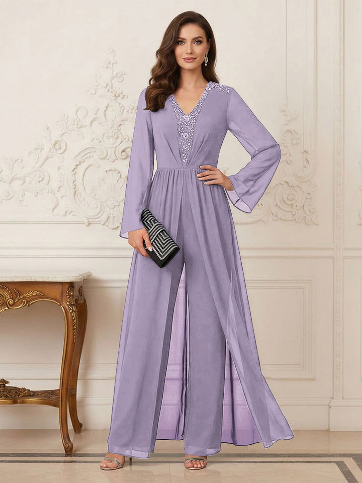 Jumpsuits V Neck Long Sleeves Floor Length Mother of the Bride Dresses with Beading